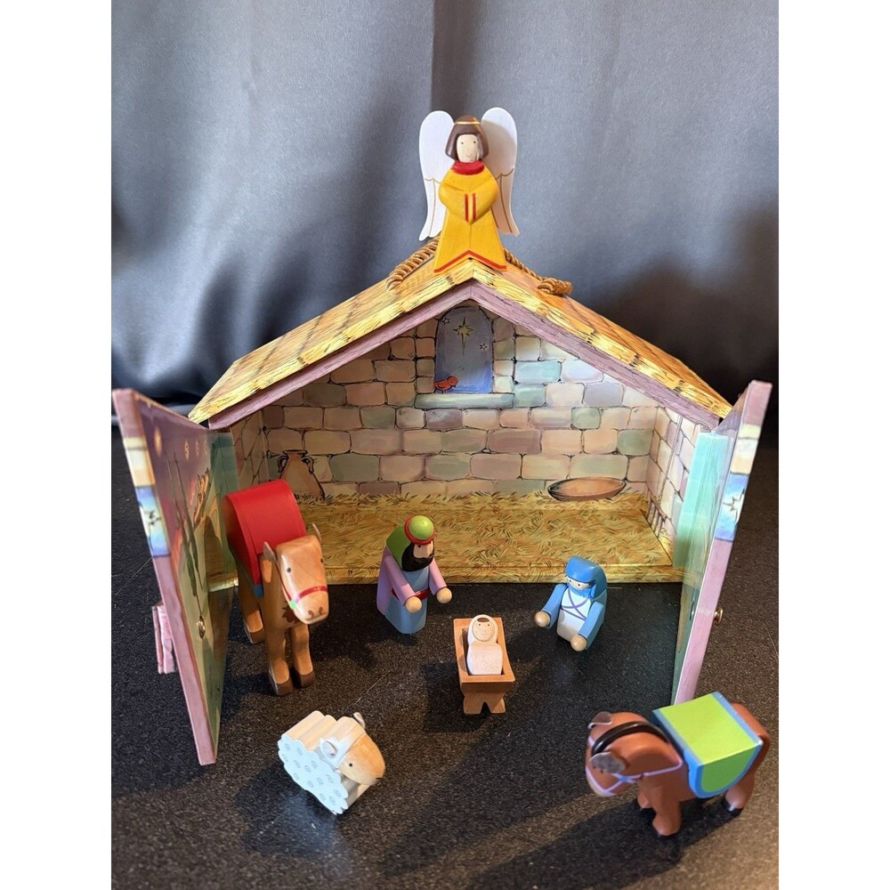 VTG 2005 Hallmark Nativity Manger Crèche 7 Wooden Pieces Carry Case Christmas